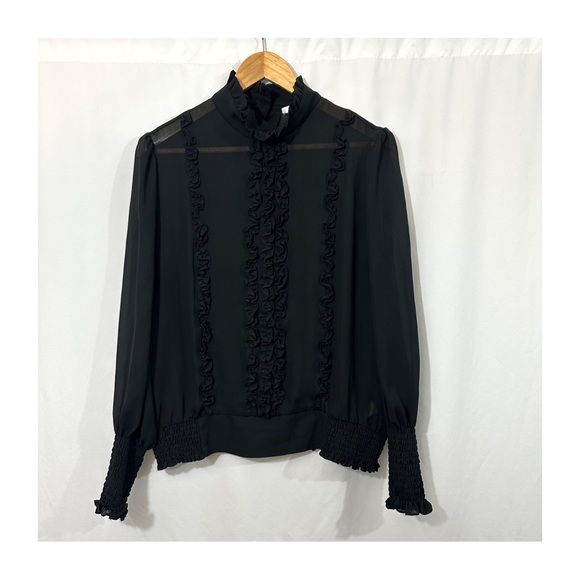 Frame Ruffle Smocked Long Sleeve Mock Neck Blouse in Black - Picture 2 of 11